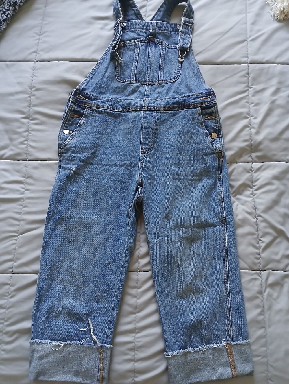 Classic blue denim cutoff overalls for women